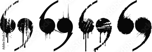 black grunge quotation marks set with paint drips isolated on white background