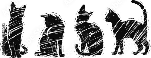Silhouette set of four cats sitting and standing black sketch animal pet illustration