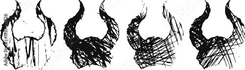 viking horned helmets set with different sketch styles and artistic brush strokes in black ink