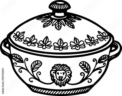 Decorative ceramic tureen with floral and lion head ornament, vintage kitchenware design