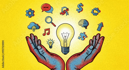 Creative idea generation and innovation concept with lightbulb and hands.