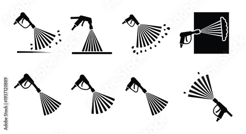 Black and white icons depicting pressure washers cleaning tools and related items