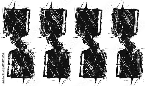 Abstract grunge texture with distressed black bold shapes in vertical patterns on white background
