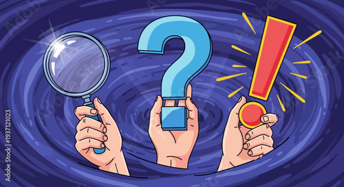 Hands holding magnifying glass question mark and exclamation mark.