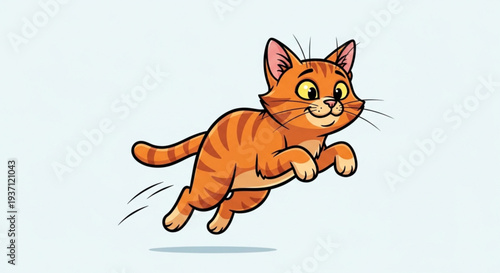 Vibrant orange cartoon cat running with motion lines on light blue background conveying happiness and energy