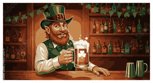 Leprechaun bartender serving beer with shamrock on a pint in a cozy pub with shelves of bottles and glasses