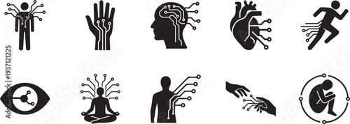 Man cyborg and wire icon set. Futuristic human robot technology thin line vector symbols collection.