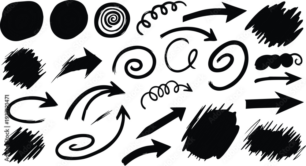 Fototapeta premium Collection of black arrows and swirls on a white background for design and artistic use