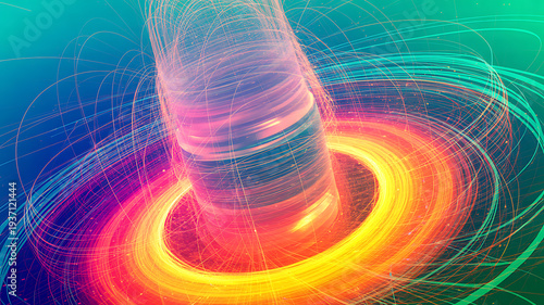 Futuristic energy core with swirling colorful light particles and glowing rings illustrating advanced scientific research nuclear fusion concept and high power electricity generation technology