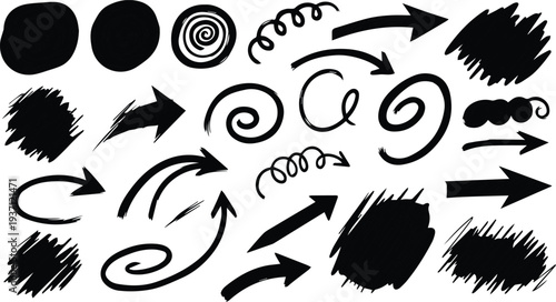 Collection of black arrows and swirls on a white background for design and artistic use