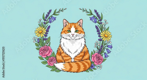 Vibrant orange cat sitting surrounded by colorful floral wreath on light blue background