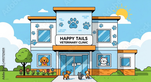 Colorful veterinary clinic with happy animals and pets outside on a sunny day