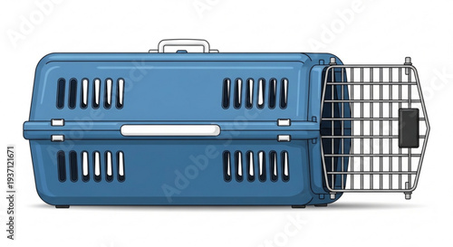 Blue pet carrier with open door on white background for travel or veterinary visits