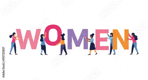 Women holding large colorful letters spelling "WOMEN"  