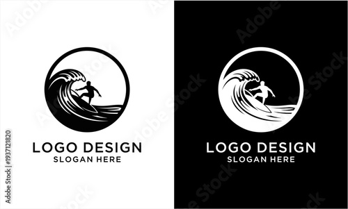 Dynamic Surfer Riding a Powerful Ocean Wave in a Circular Logo Design.