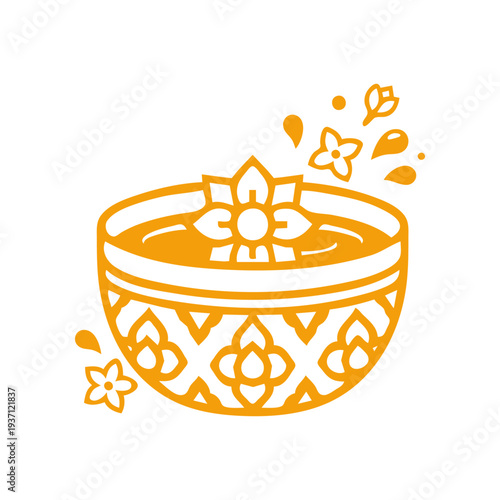 Minimal ceremonial water bowl with flower icon representing Thai Songkran tradition. Clean flat vector style ideal for cultural events, Thai New Year promotions, and festival graphics.
