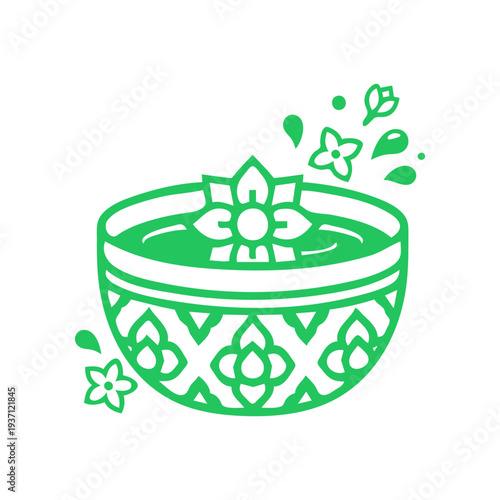 Minimal ceremonial water bowl with flower icon representing Thai Songkran tradition. Clean flat vector style ideal for cultural events, Thai New Year promotions, and festival graphics.