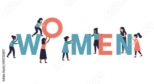 Women collaborating to assemble colorful block letters spelling 'WOMEN'  