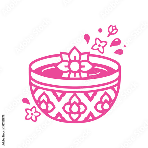 Minimal ceremonial water bowl with flower icon representing Thai Songkran tradition. Clean flat vector style ideal for cultural events, Thai New Year promotions, and festival graphics.