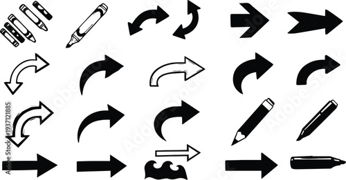 A collection of black and white arrow icons and pencil symbols for navigation and editing