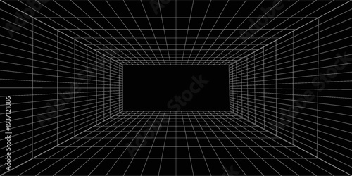 Futuristic perspective grid box. Abstract wireframe with white grid line on black background. Virtual reality landscape in 80s 90s digital style. Vector