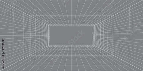Futuristic perspective grid box. Abstract wireframe with white grid line on black background. Virtual reality landscape in 80s 90s digital style. Vector