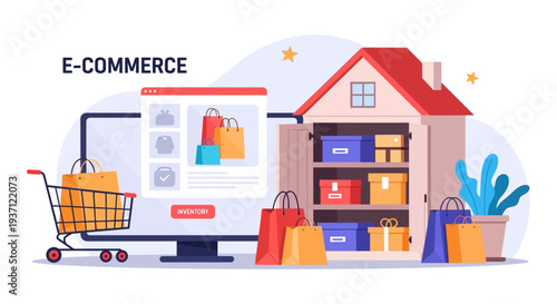 E-commerce Online Shopping, Inventory Management, and Warehouse Fulfillment Concept Illustration