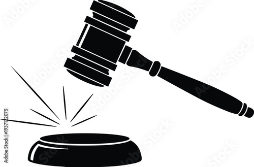 Judge gavel silhouette icon, legal justice vector illustration, courtroom decision symbol, law authority design element, black creative stock graphic collection
