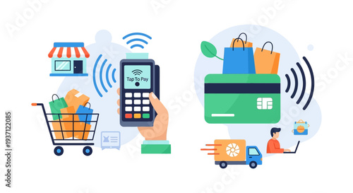 Seamless Digital Shopping & Payment Experience: Contactless POS, E-commerce, Online Retail & Delivery Services Vector Illustration