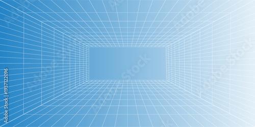 Futuristic perspective grid box. Abstract wireframe with white grid line on black background. Virtual reality landscape in 80s 90s digital style. Vector
