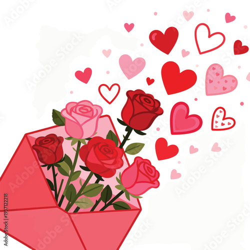 Open Red Envelope Illustration with Roses and Flying Hearts for Valentine