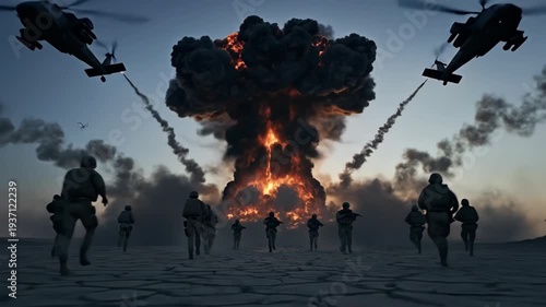 Military soldiers retreating from fire explosion with helicopters in desert combat zone cinematic