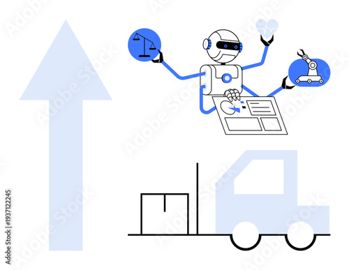 Artificial intelligence, robotics, automation, supply chain solutions, logistics, technology advancements. A robot multitasking with logistics and decision-making symbols. Automation and robotics in