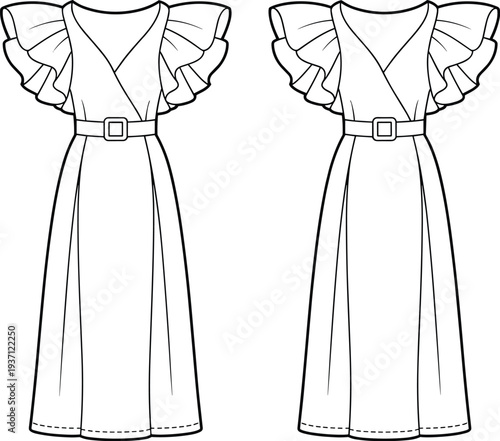 Two Long Dresses with Large Ruffled Sleeves and Belted Waist in Black and White Line