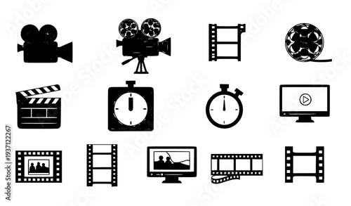Minimal line movie production icons with film camera projector reel and video player cinema vector set