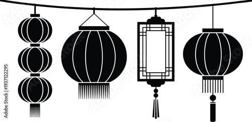 Traditional Chinese lanterns hanging in festive arrangement, decorative designs with tassels and geometric patterns, cultural celebration, Lunar New Year, heritage art, festival illumination scene