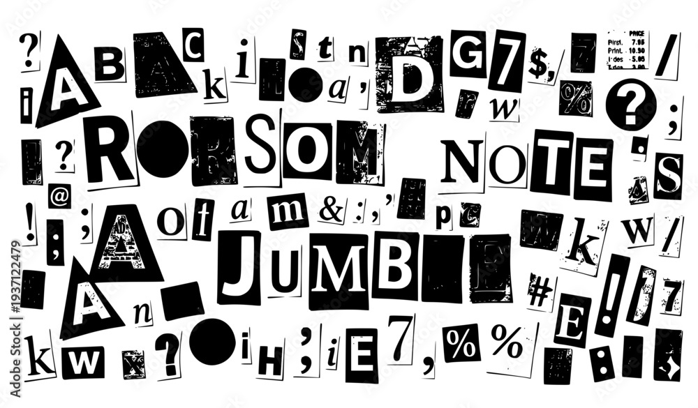 Fototapeta premium alphabet letters and numbers Ransom Note Style Cut-Out Letters Numbers and Symbols Collage Isolated on White Background