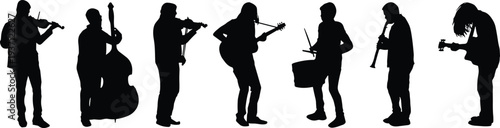 Musician silhouette icons, diverse instrument vector illustration, violin guitar trumpet drum performers, music ensemble design elements, creative stock graphic collection