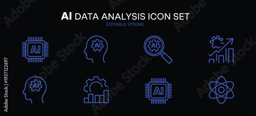 minimal icon set of AI data analysis icons vectors analyst diagram analytics research analyze with AI chips artificial intelligence semiconductor algorithm improvement graph UX process icons.