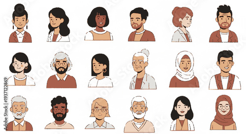 Diverse group of people with different ages ethnicities and professions illustrated in a modern flat style