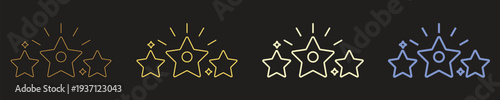 Minimal glowing star rating line icons set in gradient colors on dark background representing review, feedback, customer satisfaction, quality rating and evaluation concept