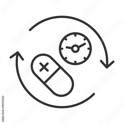 Medicine time of action icon in line design. medicine time, pill, timer, healthcare, dosage, treatment, schedule on white background vector. medicine editable stroke icon
