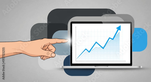 Hand pointing at laptop screen with upward trending graph.