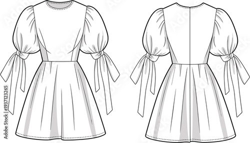 White dress with puffed sleeves and tied ribbons on front and back view front view