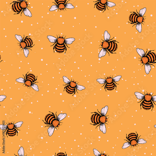 Seamless pattern with bees. Small wasp. Vector illustration. Design for invitation, cards, textile, fabric. Doodle style.
