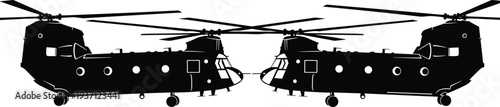 Silhouette illustration of two tandem rotor military helicopters facing each other, symmetrical aviation design, defense aircraft icons, transport technology, battlefield resupply reference