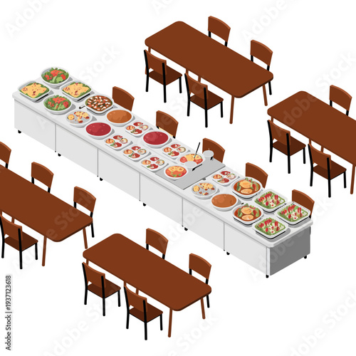 A buffet table with various dishes and tables with chairs around it