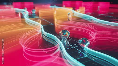 Dynamic digital flow network with illuminated lines and abstract shapes creating futuristic technology concept for data processing and communication in vibrant red and orange hues