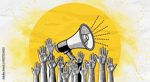 Group of hands raised with megaphone illustration protest.