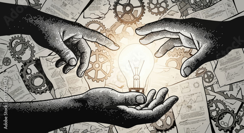 Hands holding a glowing lightbulb surrounded by mechanical gears and technical drawings.